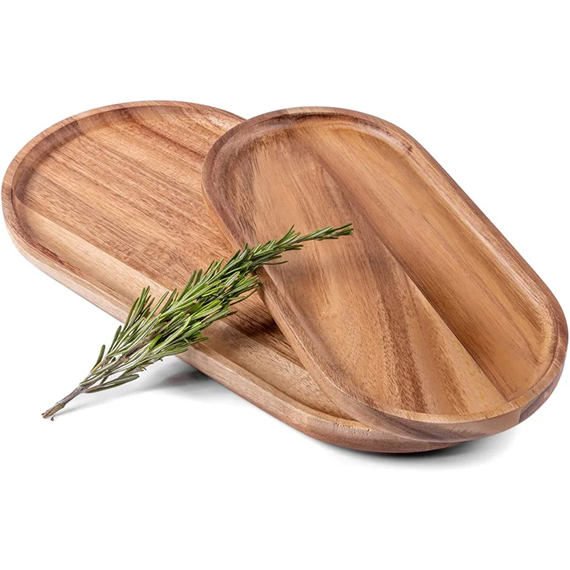 Wholesale Set of 2 Acacia Wood Serving Trays Wooden Charcuterie Boards Oval Platter for Kitchen Food Bread Dessert Appetizer