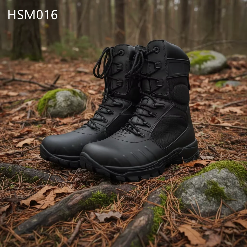 HY,Factory Output Anti-shock PU+rubber Outsole Leather Combat Boots Land Outdoor Hiking Shoes with Strong Support System HSM016