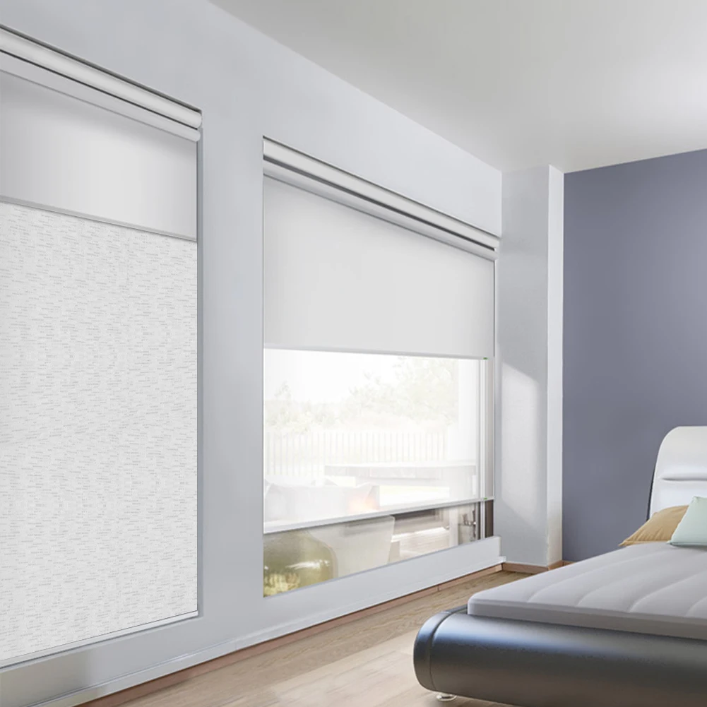 ZSHINE Window Blinds Double Layer Motorized Roller Blinds Full Blackout Jacquard Roller Blinds Fabrics Work with Alexa Speaker