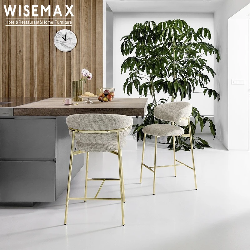 WISEMAX FURNITURE Contemporary Simple Style Bar Stool Metal Legs Fabric High Backrest Counter Chair for Bar Kitchen Island