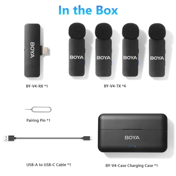 BOYA BY-V4U Wireless Lavalier Microphone with Charging Box 4 Mini Mic Transmitters for iPhone Android Vlog Live detail image