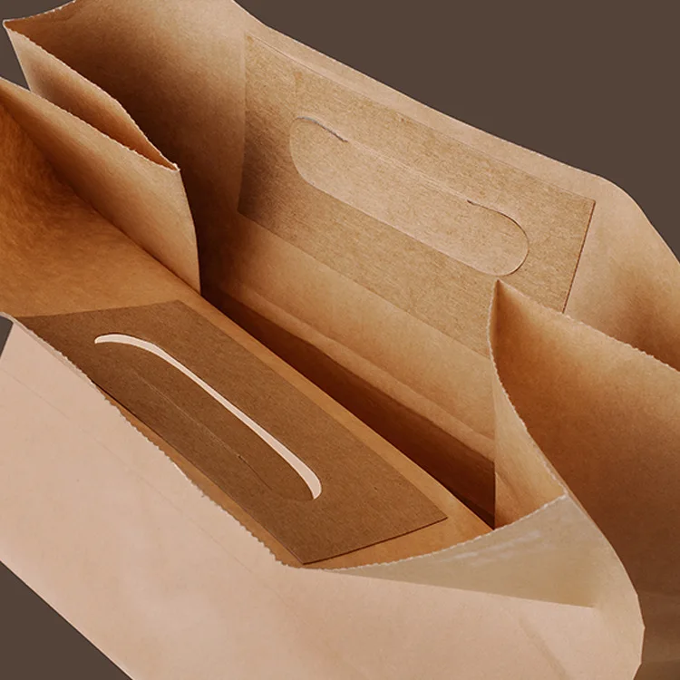 Wholesale Brown Kraft Paper Die Cut Handle Bag Paper Food Packaging for Fast Food Bread Cookie Take Away Food Packaging Bag