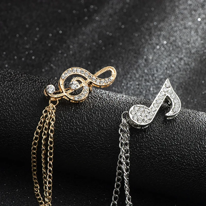 ROMANTIC Customize Badge Men Pin Brooch with Chain Suit Gold Silver Musical Note Crystal Chain Brooch