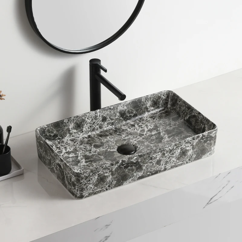 Hot Sale Ceramic Black Marble Rectangular Countertop Sink Bathroom Solid Surface Fancy Wash Basin