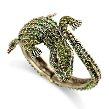 KAYMEN New Fashion Animal Style Vintage Crocodile Bangle Bracelet Antique Golden Plated Full Rhinestones Cuff Bangle Jewelry