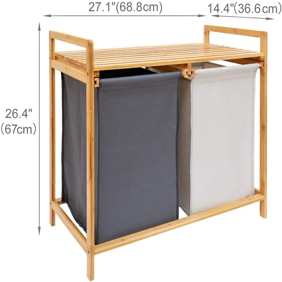 Двойная корзина для белья из бамбука двухсекционная с полкой большой