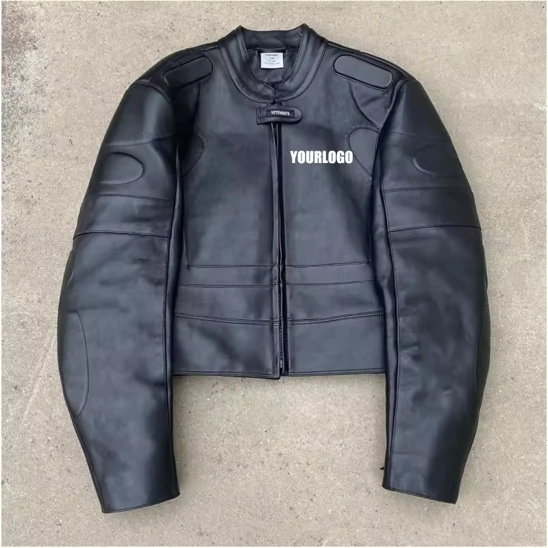 Custom LOGO Embroidery Patch Print Bikers Cropped Jacket Streetwear Motorcycle PU Leather Men Racing Jacket gallery 7