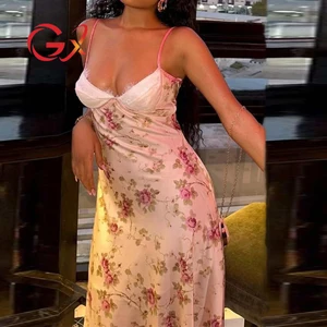 GX7649 Fashion 2026 Women Clothing Vendor Sleeveless Spaghetti Strap Maxi Dress Sexy Lace Patchwork Printed Long Dresses