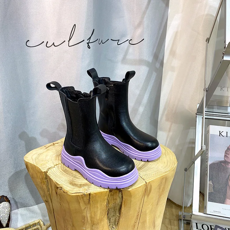 Новинка Осень/Зима 2021, детские модные ботинки, Корейская версия ботинок с молнией сбоку, модные зимние ботинки с высоким вырезом