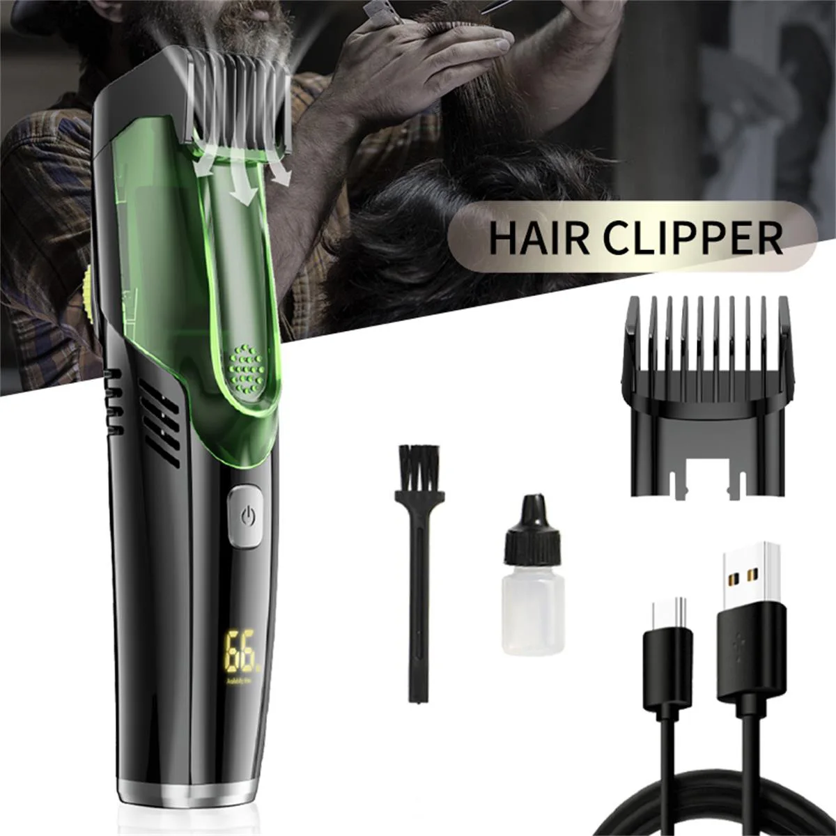 Automatic Vacuum Low-Noise Hair Clipper with Ceramic Black Moving Blade for Professional and Household Use