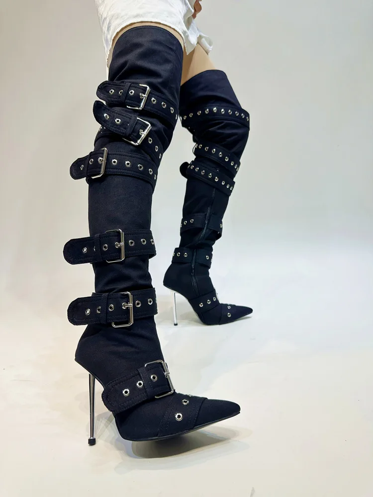 Women Sexy High Heels Thigh Boots Buckles Pointed Toe Rivets Jeans Size 43 Winter Over The Knee High Boots - Image 6