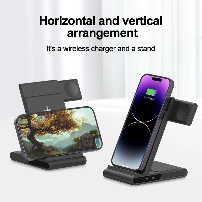 2024 Popular Desktop Foldable Phone Wireless Charger Multifunctional 3 in 1 Wireless Charging Station for Phone Watch Earphone