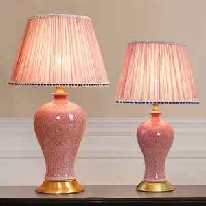 JACKSUN Vintage Pink Crystalline Glaze Ceramic Middle Size Bedside Table Lamp Retro Girly Night Lamp Wedding Ambiance Lighting