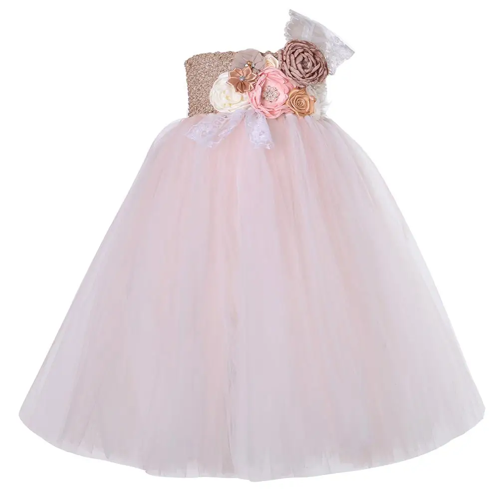 可爱漂亮的儿童服装粉红色单肩花卉香槟女孩礼服婚礼儿童