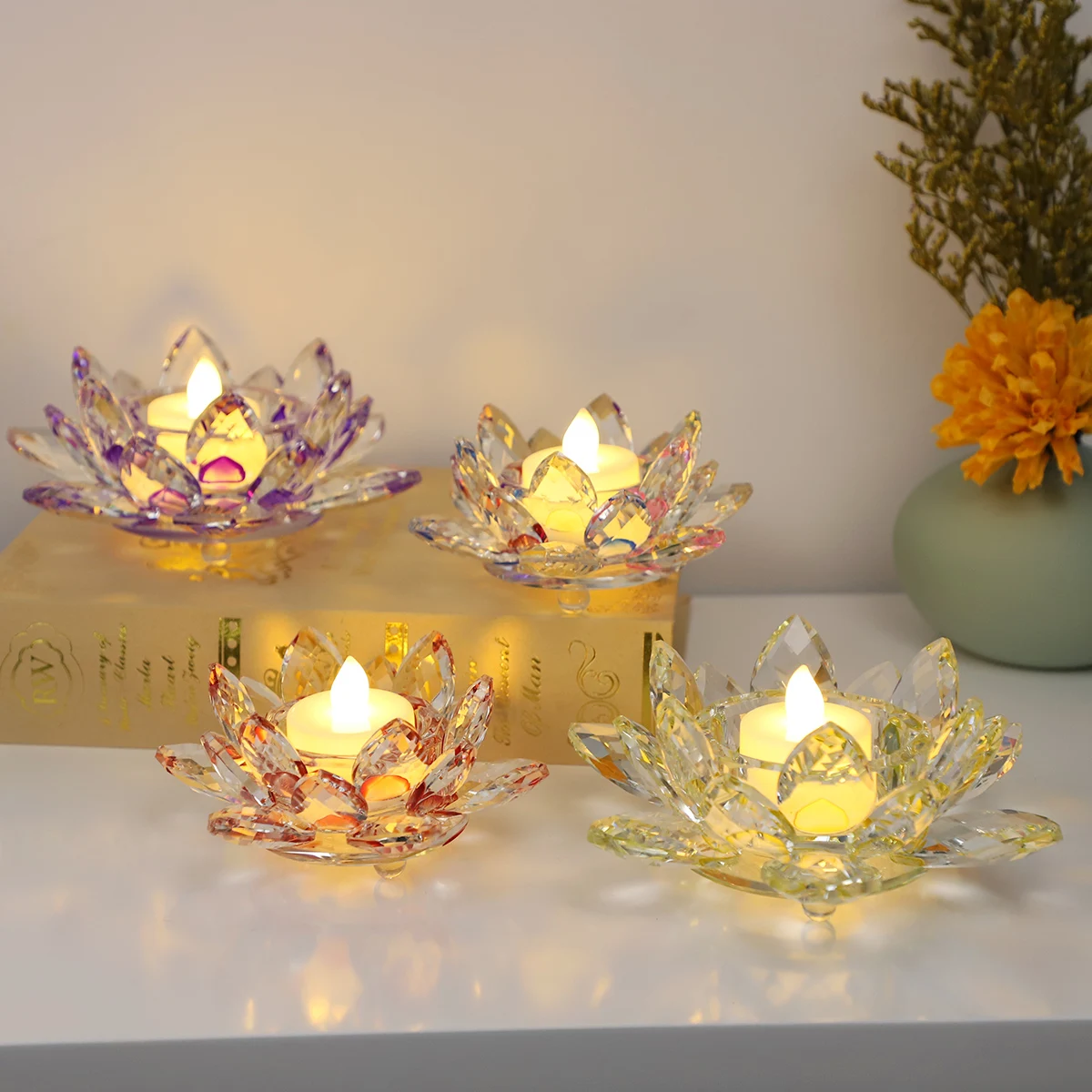 Vintage Luxury Multi-color Lotus Figurine Tealight Candle Holder Crystal Votive Candle Holder