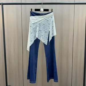 Wholesale Spring 2026 New Fashion Elegant Lace Splicing Fake Two-piece Solid Color Skinny Women's Jeans