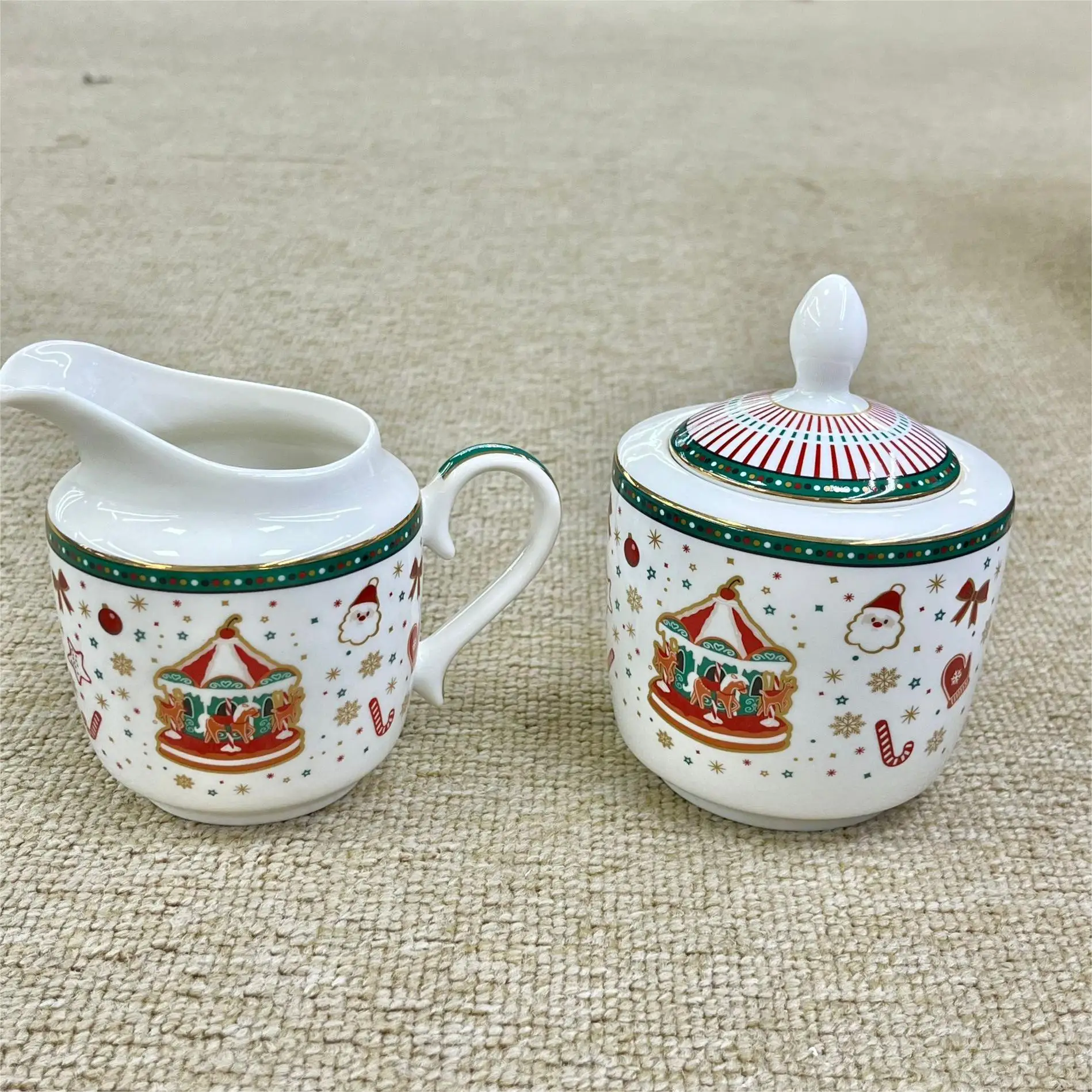 3.5 Inch Porcelain Ceramic Decal Christmas Seasonal Holiday Sugar and Creamer Server Set (Set of 2, White) factory