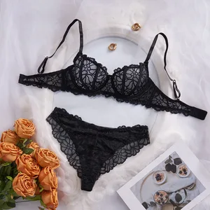 2026 Cross-Border European & American Style Sexy Lingerie Set: Black Lace Print Underwire Push-Up Breathable Bra