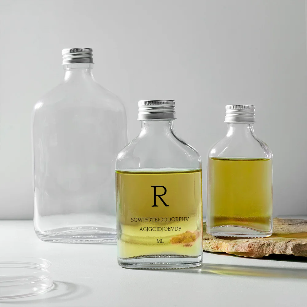 Wholesale 50ml 100ml 200ml 250ml 350ml 500ml 8oz 16oz Glass Flat square Vase  Juice Milk Glass Wine Bottles for Liquor Tea Milk