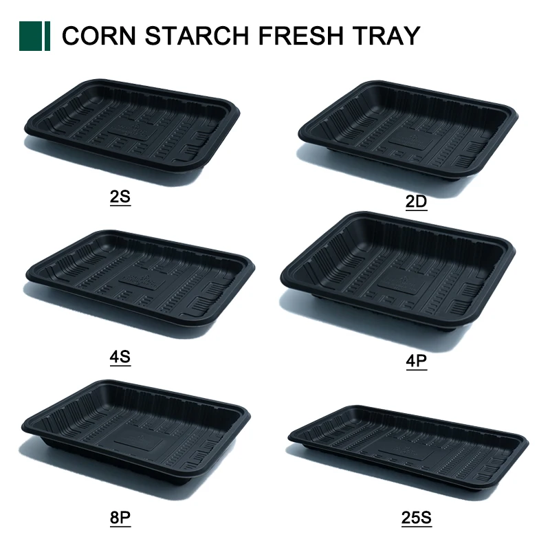 Biodegradable Cornstarch Meat Tray Fresh Fish Chicken Fruit Eco-Friendly Blister Black Display Frozen Food Foam Tray Disposable