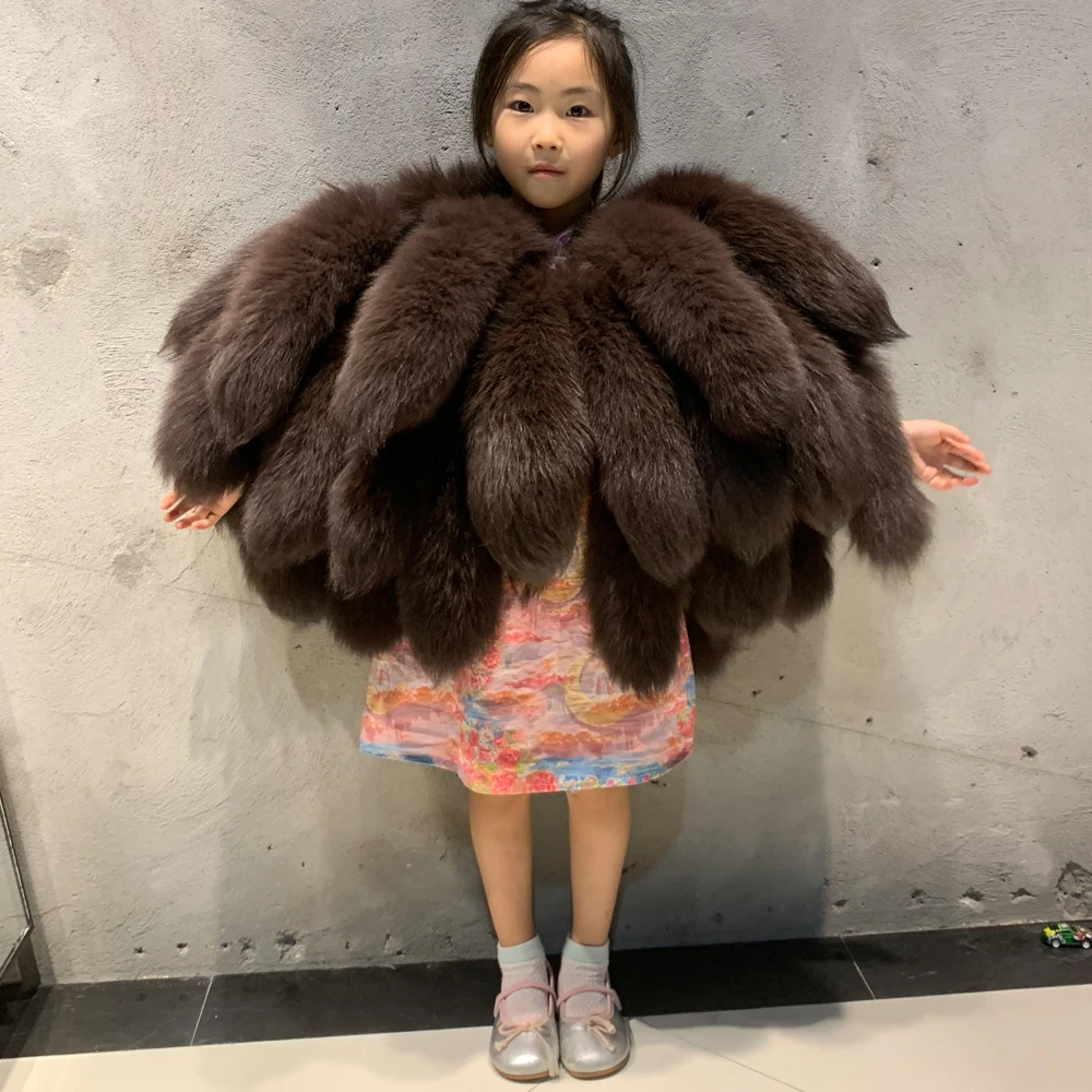 100% Natural fox Fur Tail Jacket Short Real fox Fur Jacket Brown Kids fox  Fur Shawl