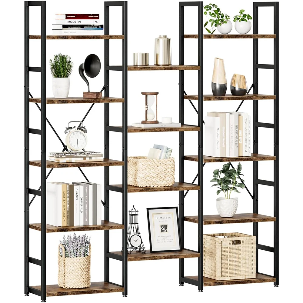 Nu-Deco MH26017 Triple Column 5-Tier Adjustable Rustic Industrial Modern Bookshelf 14 Open Display Shelves for Bedroom Living