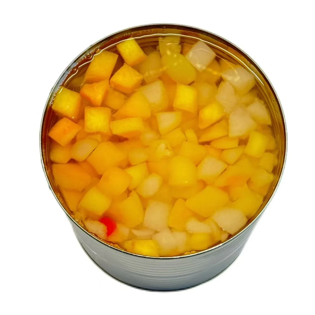 Fresh and High-quality Fruit Cocktail Jar Is Crafted From Tropical Fruits and Features Canned Fruits Soaked in Syrup.