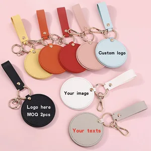 Custom Logo Print Hot Sale Small Round Pu Leather Makeup Mirror Multi-colors Keychain Pocket Compact Cosmetic Beauty Mirror