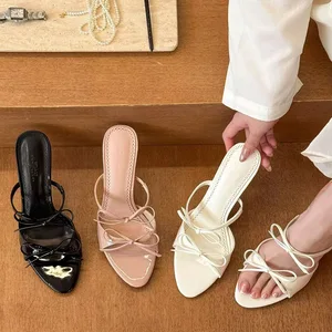 QuiteS 2026 New Summer Butterfly Knot Slippers Open-Toe High Heel Slimming Thin Heel Pointed Toe Sandals Casual Shoes for Women