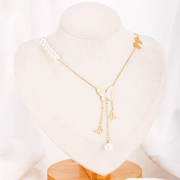 18K Gold Plated Non Tarnish Jewelry White Shell Butterfly Necklace Long Tassel Pearl Pendant