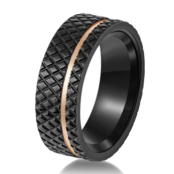 POYA Rose Gold Strip Line Inlay 8mm Black Plated Wholesale Stainless Steel Rings for Women Men Fashion Jewelry Comfort Fit