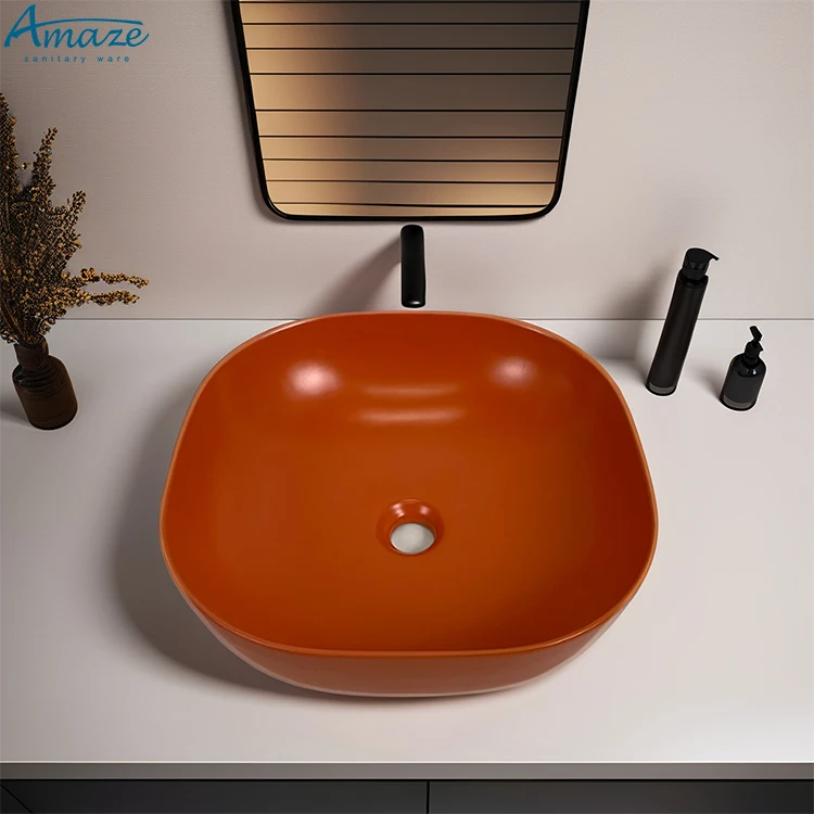 Orange color small square porcelain counter top washbasin hotel ceramic bathroom sink hand wash art basin factory