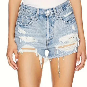 Blue Summer Arrivals Ripped Destroy Wash Button Fly Women High Waist Cropped Denim Jeans Shorts Street