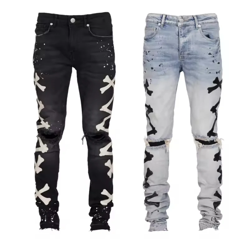 Slim Fit Jeans Uomo Disegnati Jeans Slim Fit In Vernice Strappata