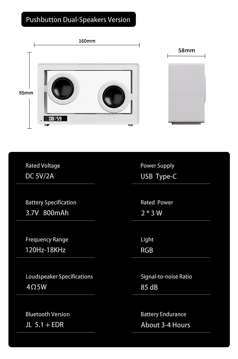 Factory Directly Supply DC5V 800mAh Classic Model Transparent Wireless Bluetooth Speaker with LED clock Display TF Card Playback