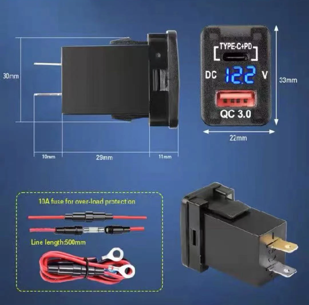 Auto 12v Qc3.0+pd Dual Usb Car Cigarette Lighter Socket Charger With Led Digital Voltmeter For
