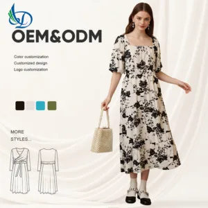 Retro Summer Customizable Dress with Bubble Sleeves and square Neck Floral Pattern Dress, Casual Printed Dress