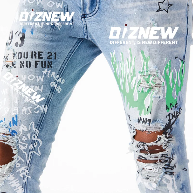 DiZNEW Custom Silk Screen Printing Design Fashion Pants Youth Party Blue Brushed Denim Jeans factory