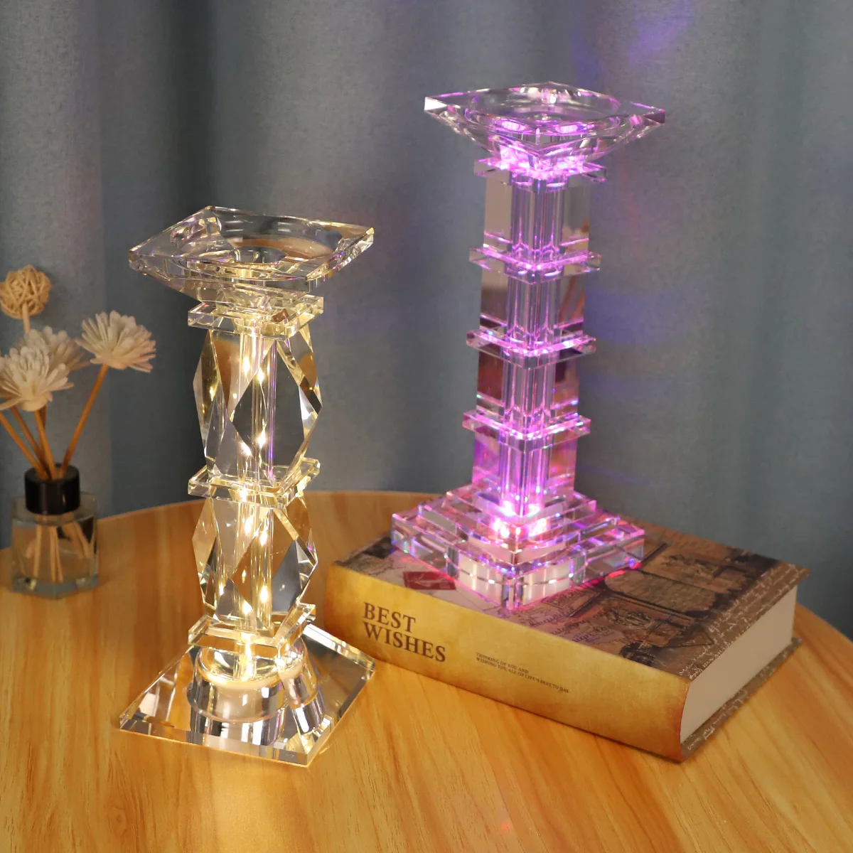 iridescent thick glass candle jar led candlestick crystal pillar candle holder set of 2