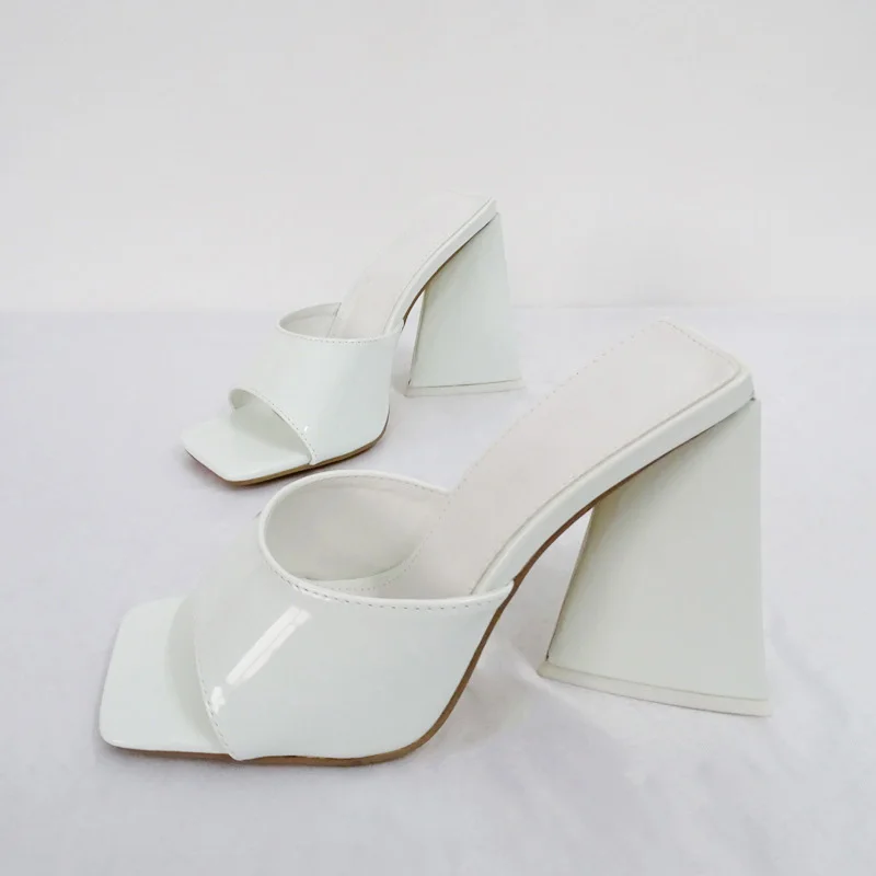 2023 New Fashion High-heeled Slippers  Outerwear Patent Leather Open Square Toe Chunky Heel Women Sandals - Image 5