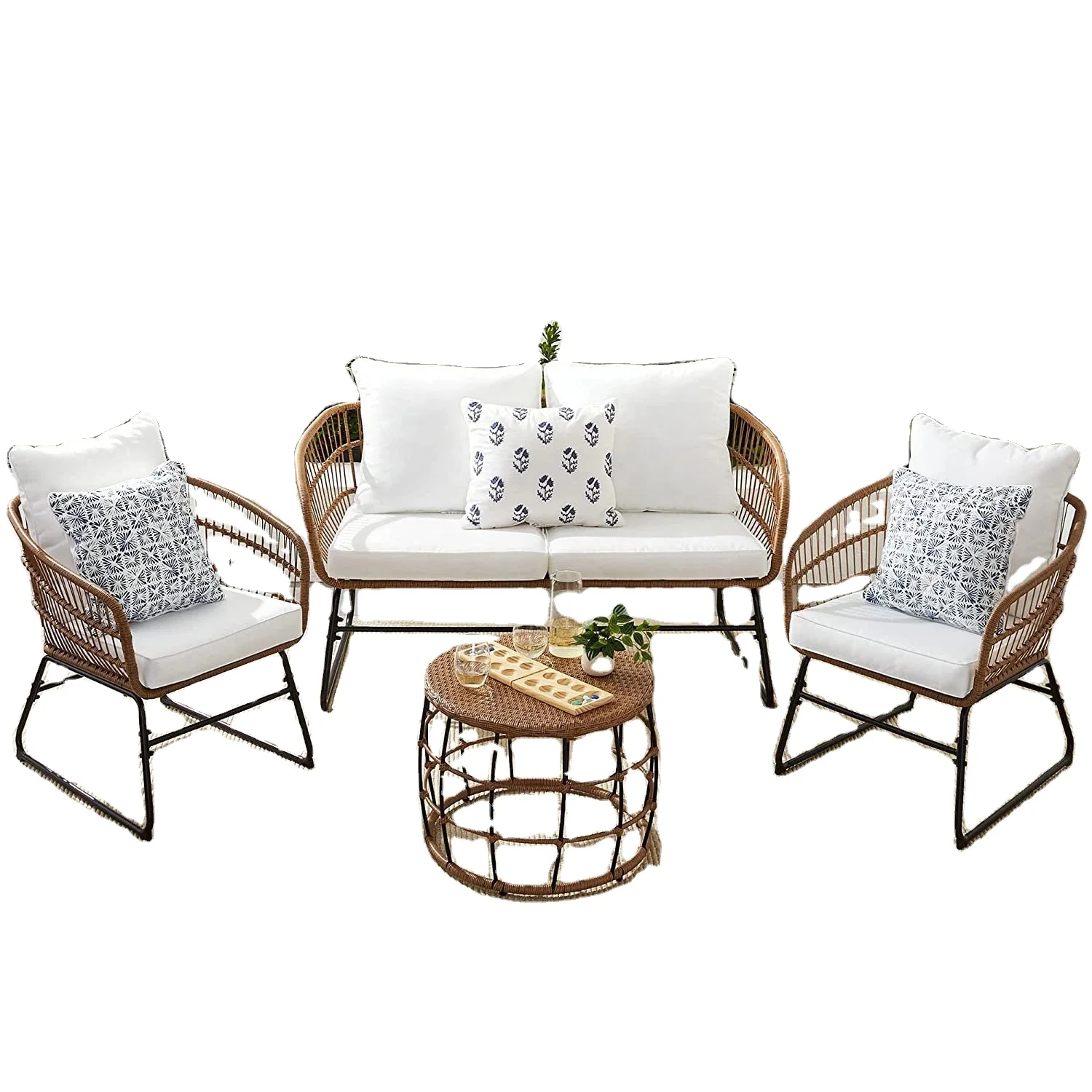 Luxury Garden Furniture 4 Pcs Steel Rattan Garden Sets Outdoor Restaurant Sofa Set Patio Conversation Set with Seat Cushion