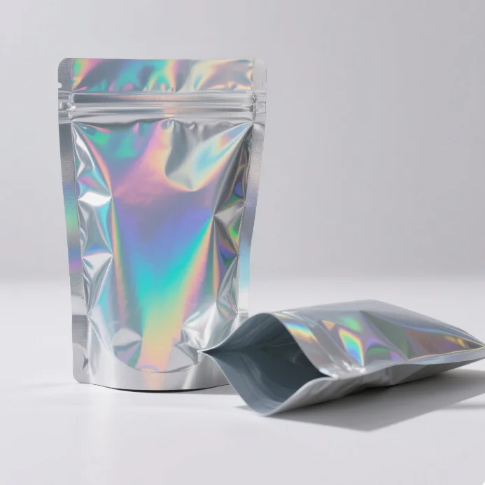 Customized Digital Printing Vertical Aluminum Foil Holographic Zipper Lock Bag Packaging Bag with Milk and Jelly windows
