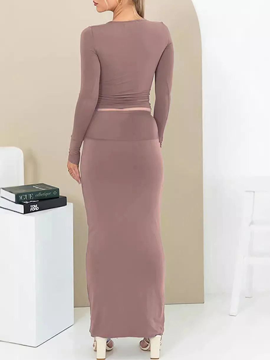 Custom Logo Autumn Winter Women Clothing Long Sleeves O Neck Crop Top Midi  Dress Women Two Pieces Skirt Set| Alibaba.com