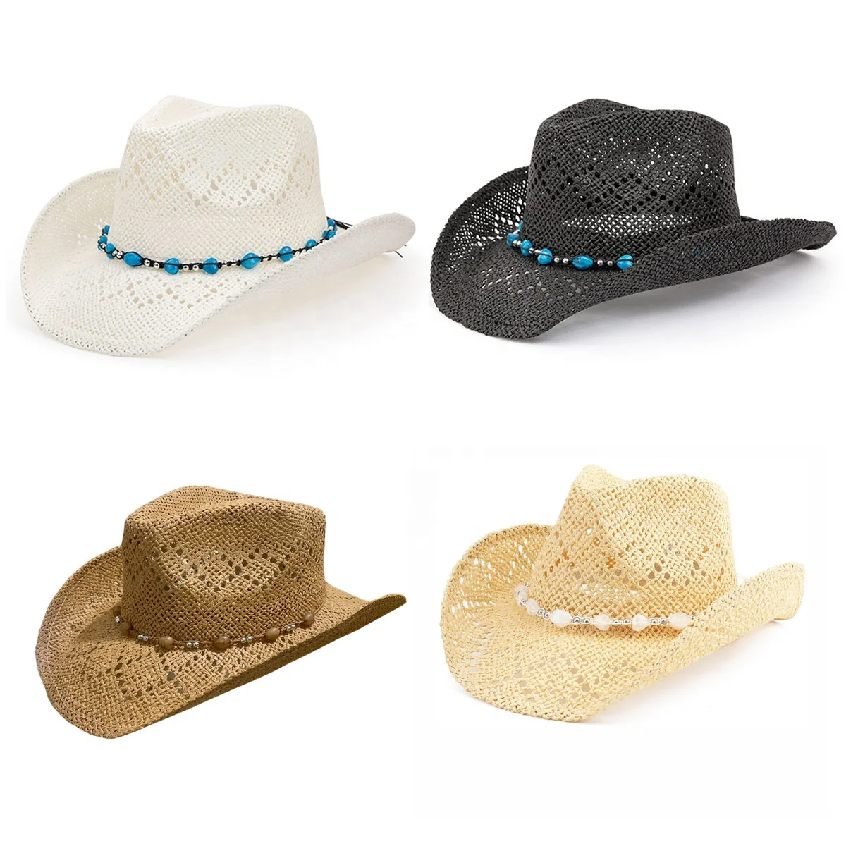 WD-A885 Fashionable Straw Cowboy Hat With Beaded Trim 