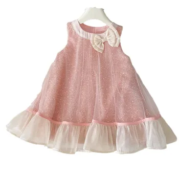 2024 baby girl dress summer sleeveless high-end fashionable girls dress sundress with bow and sequins baby princess dress