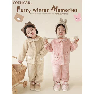 Hot Sale Winter Warm Pajamas 2PCS Little Girls Thicken Matching Kids Sleepwear Pajamas Set With Cartoon Characters