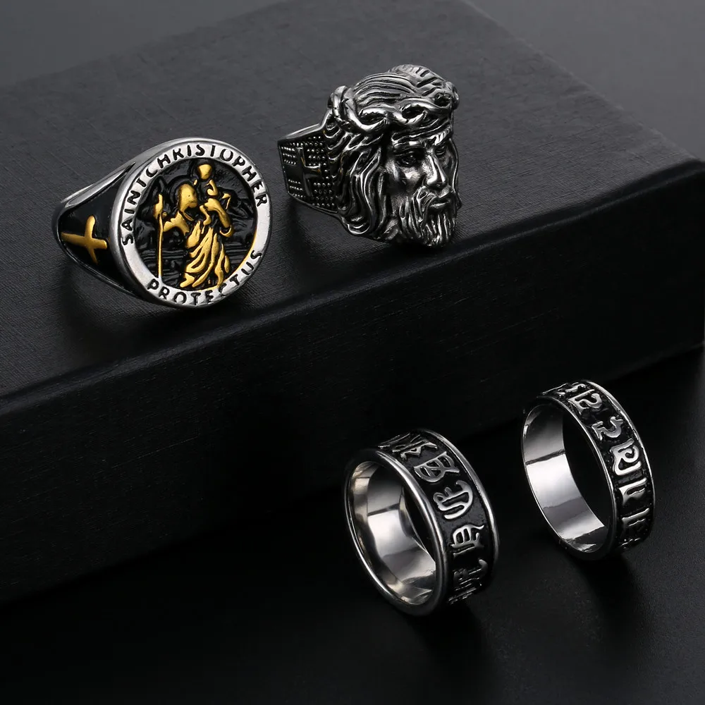 Mens Black Onyx Rings Stainless Steel Hexagon Agate Rings