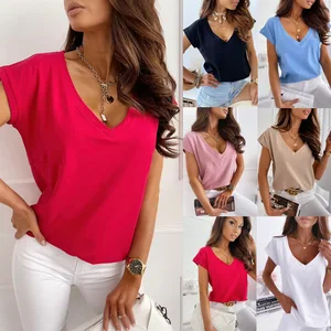 Spring and Summer Solid Color Short-sleeved V-neck Simple T-shirt Tops for Women