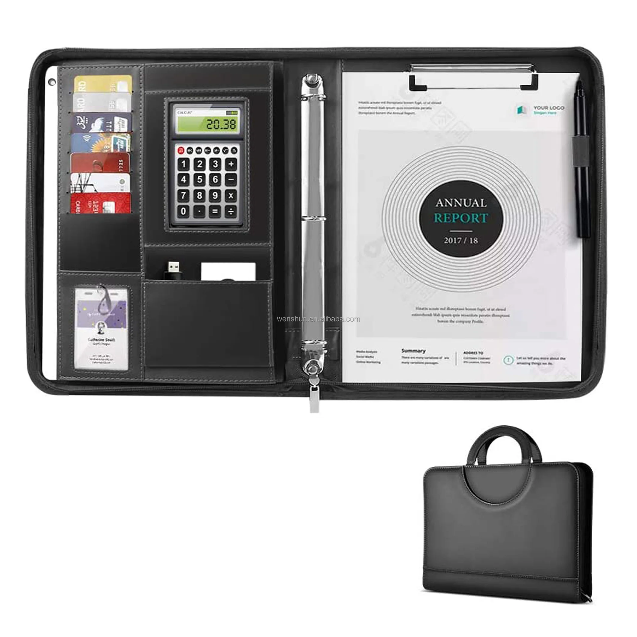 Personalized A4 PU Leather 3 Ring Binder Conference File Folder with Calculator