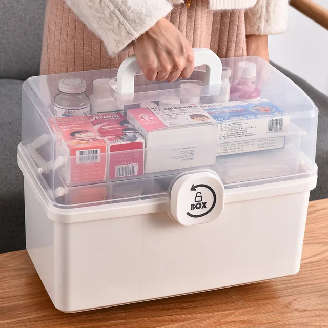 Large capacity family emergency first aid kit pill case 3-compartment medicine box medicine organizer with handle